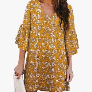 Belongsci Mustard Floral Shift Dress Ruffle Sleeve V Neck Cottagecore